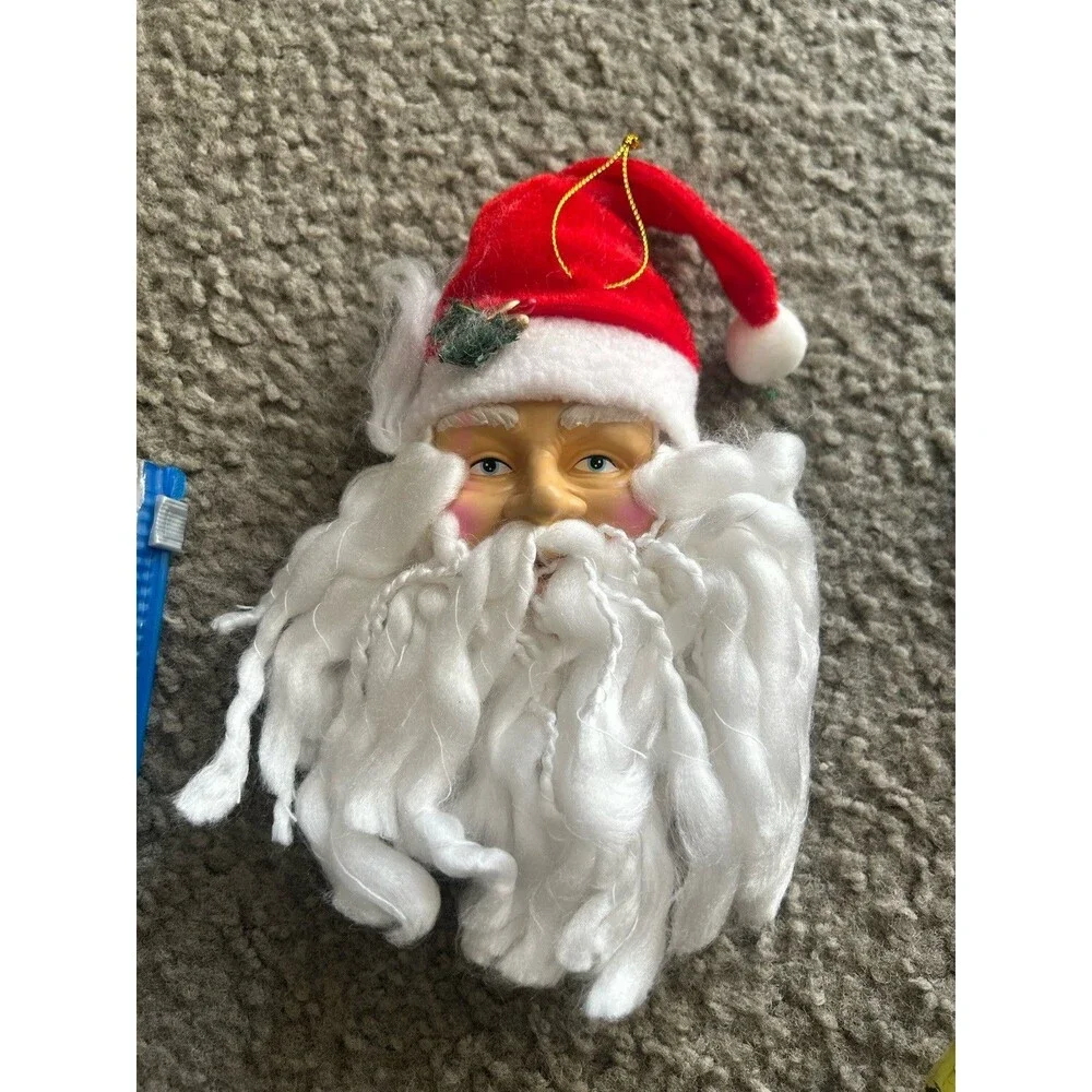 Vintage SANTA CLAUS Hard Plastic Face  White Yarn Beard Hanging Ornament VGC